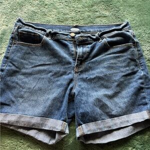 Blue Jean Shorts with Cuffed Hem and Faded Look